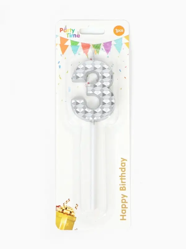 Свеча для торта &laquo;Элемент&raquo;, цифра "3" серебро