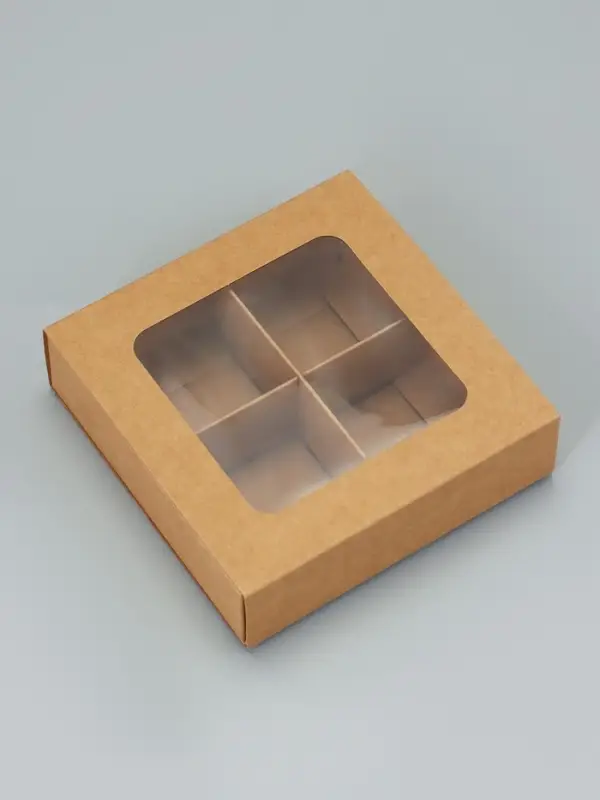 Коробка для 4 конфеты, крафт, 12.5&times;12.5&times;3.5 см