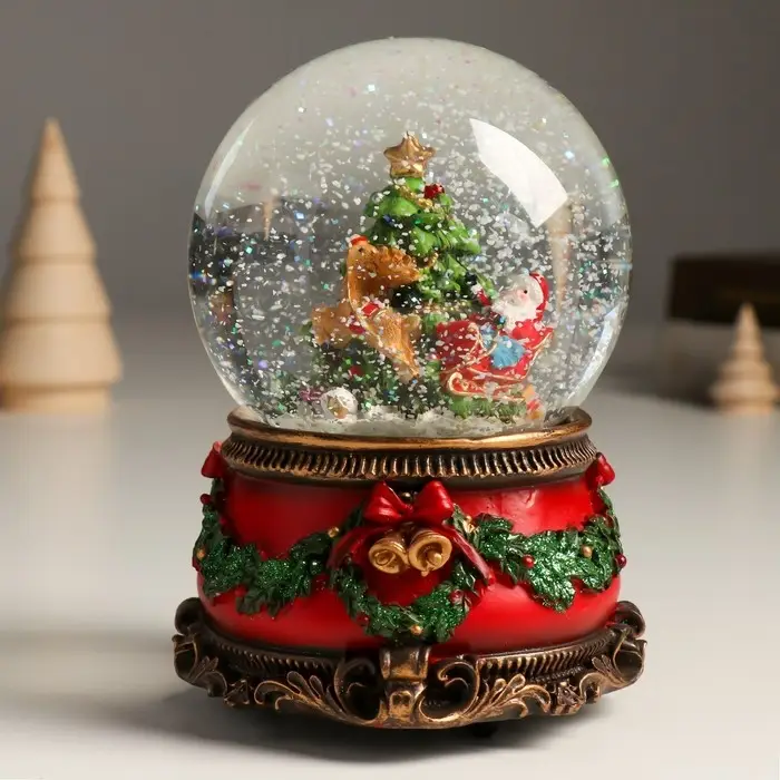 Сувенир полистоун водяной шар музыка механ. "Дед Мороз и волшебные сани" 11,5х11,5х14 см