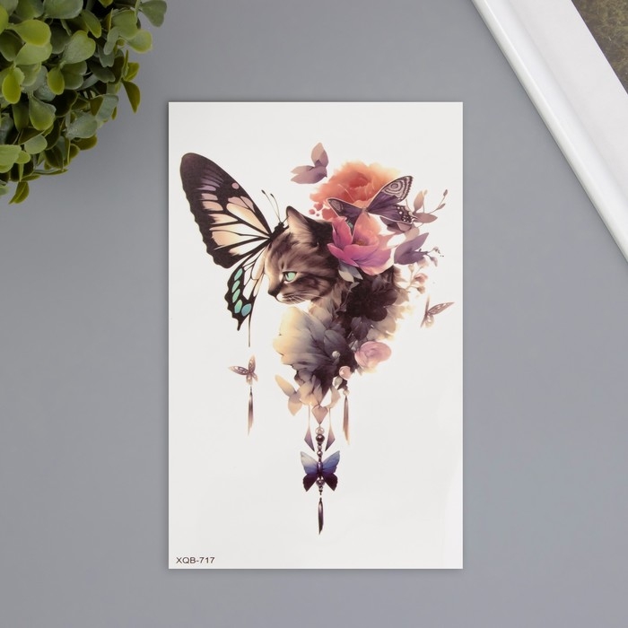 Татуировка на тело цветная Татуировка на тело цветная "Кошка в акварельных цветах" 11,4х21 см