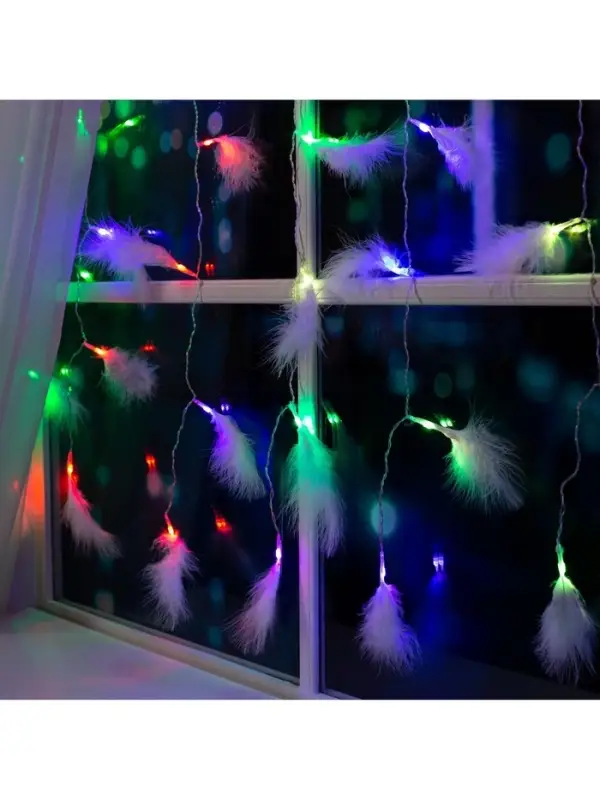Гирлянда &laquo;Занавес&raquo; 3&times;1.4 м с насадками &laquo;Перья&raquo;, IP20, прозрачная нить, 80 LED, свечение мульти (RG/RB), мигание, 220 В
