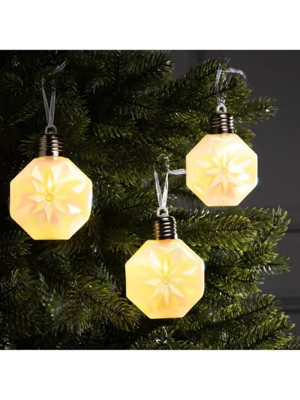 Набор ёлочных шаров &laquo;Изморозь&raquo;, 3 шт., d=7.5 см, 3 LED, от батареек AG13&times;9, свечение тёплое белое