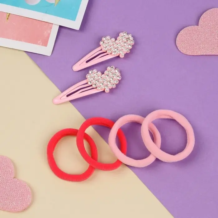 Набор для волос Набор для волос "Лили" (4 резинки 4 см, 2 невидимки 5 см) сердечки, розовый