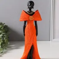 Сувенир полистоун "Девушка в ярко-оранжевом платье с большим бантом" чёрный 11х9,5х30,5 см   1092991