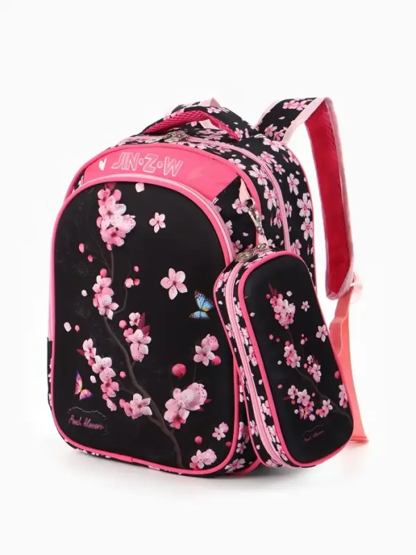Рюкзак школ. с Эргон. спин. 30*12*36 см, 2отд, 2н/карм+Пенал, девочка, Цветы рерн/роз