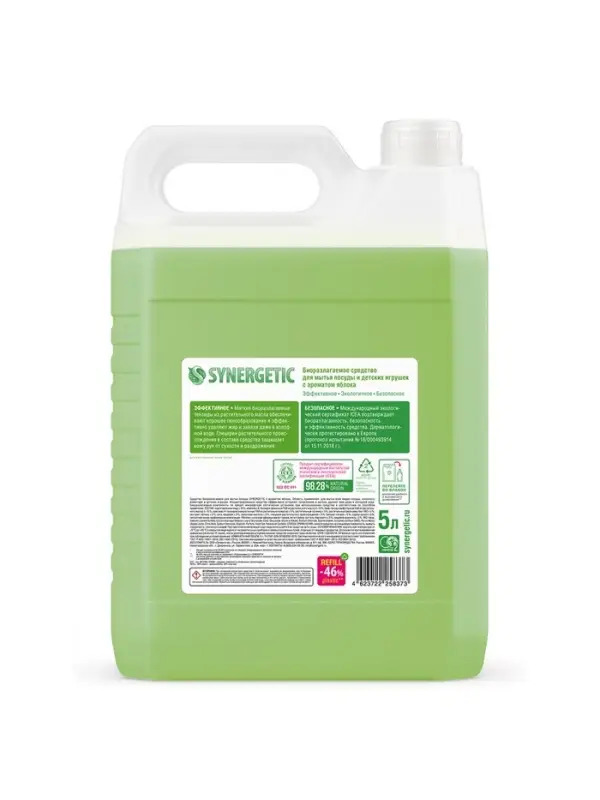 Средство для мытья посуды Synergetic, антибактериальный гель, биоразлагаемый, яблоко, 5 л