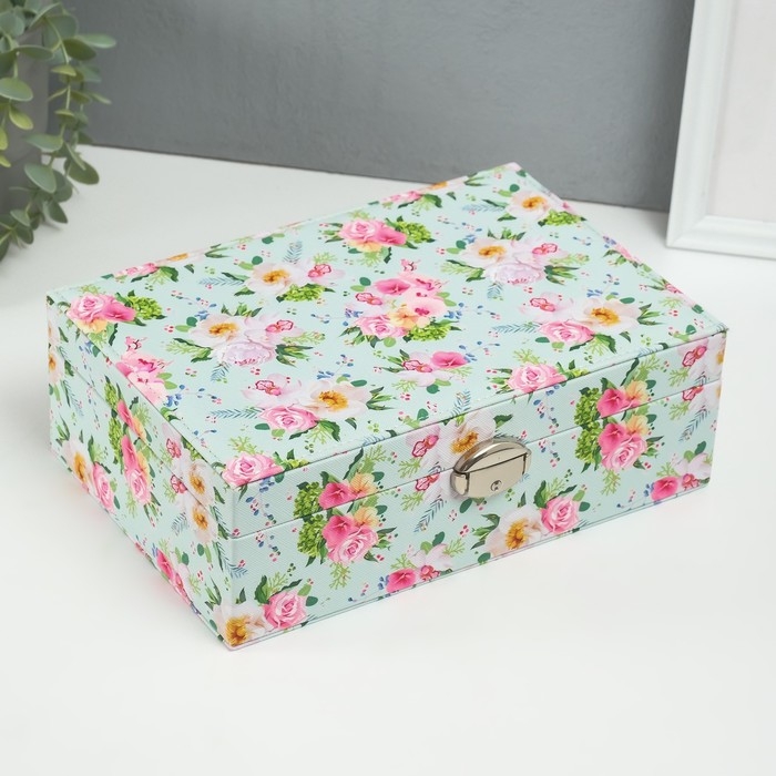Шкатулка кожзам для украшений Шкатулка кожзам для украшений "Розы на зелёном" 18х27х9 см