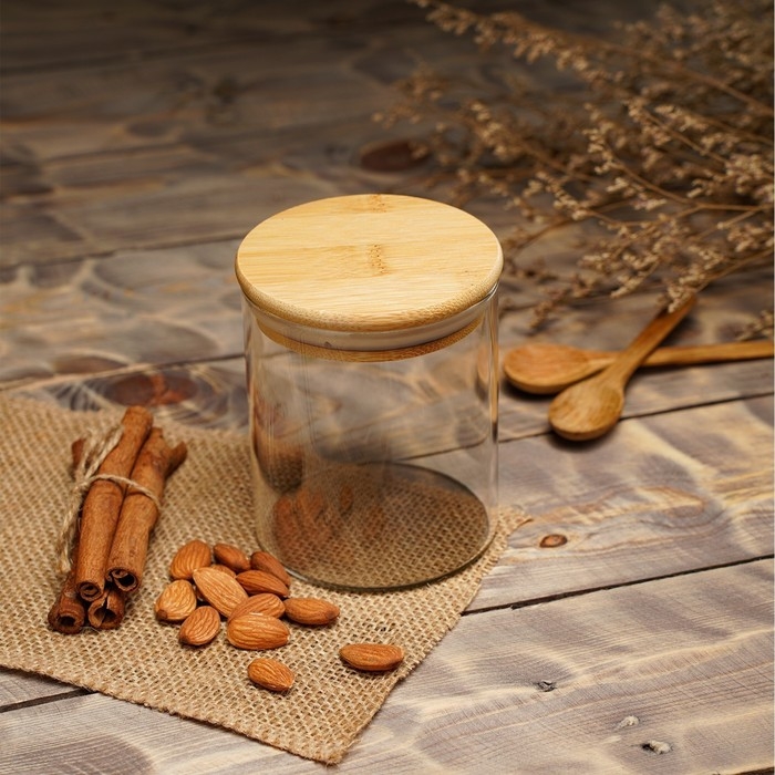 Банка стеклянная для сыпучих продуктов с бамбуковой крышкой BellaTenero «Эко», 450 мл, 8,5×10,5 см
