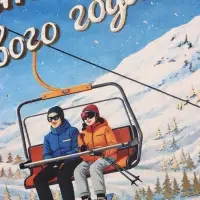 Открытка &laquo;Счастливого Нового года!&raquo;, тиснение, лыжники, 15&times;15 см