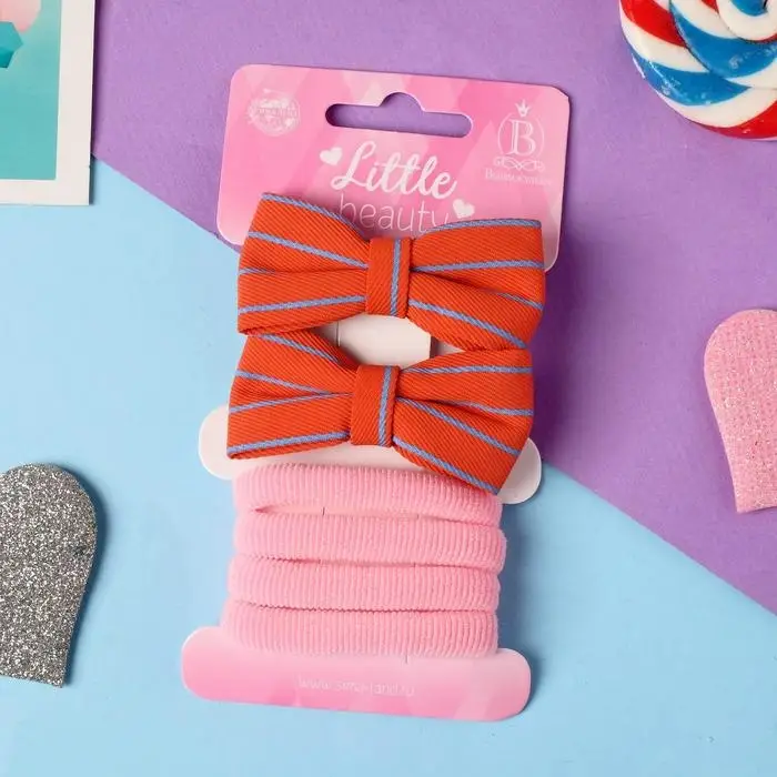 Набор для волос &laquo;Аннет&raquo;, 4 резинки, 2 зажима, строгие полосы, 5.5&times;3.5 см, красно-розовый