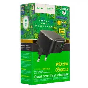 Переходник сетевого зарядного устройства CS32A HOCO на Type-C PD20W + USB QC3.0 черный