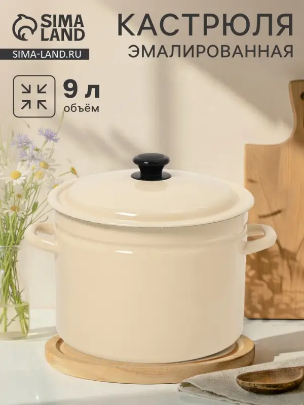 Кастрюля эмалированная, 9 л, d=26.5 см, с крышкой, без декора, цвет слоновой кости