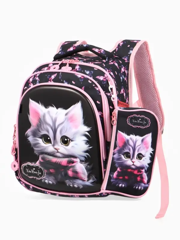 Рюкзак школ. с Эргон. спин. 29*14*38 см, +Пенал, девочка, Кот, черн/роз