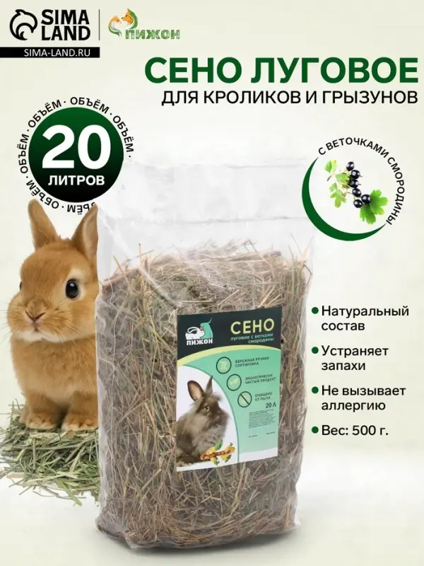Сено луговое с веточками смородины &laquo;Пижон&raquo; для грызунов, 20 л, 500 г