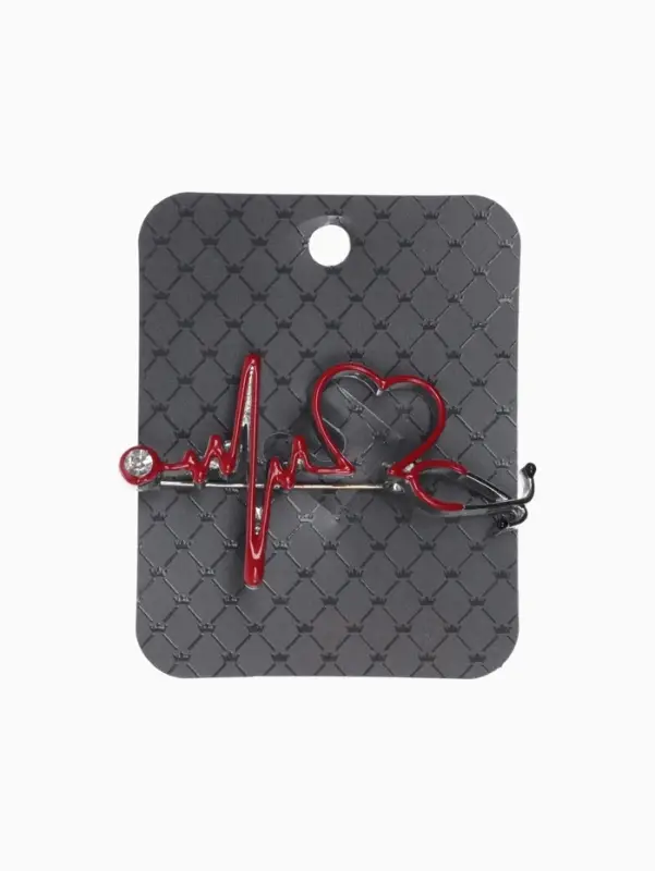 Брошь &laquo;Стетоскоп кардиограмма&raquo;, красная в серебре