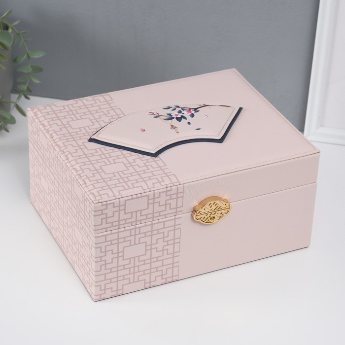 Шкатулка кожзам для украшений сундук"Кулон на сакуре. Узоры" бежевая" 26х20х13 см