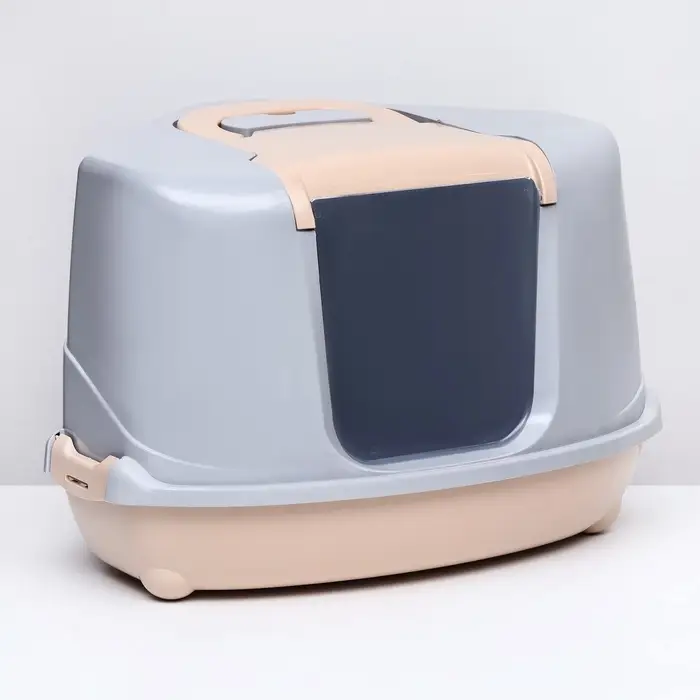 Туалет-домик угловой для кошек, 57&times;46&times;37 см, закрытый, с дверцей, бежевый, серый