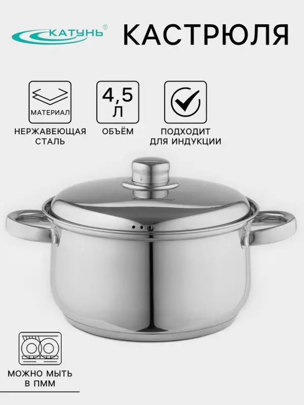 Кастрюля Катунь &laquo;Гретта&raquo;, 4.5 л, d=22 см, с крышкой, капсульное дно, индукция, нержавеющая сталь, AISI - 201, хромированная