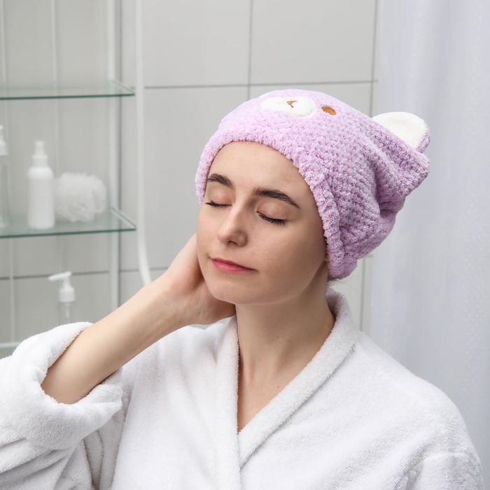 Чалма для сушки волос Доляна «Медвежонок», микрофибра, цвет розовый