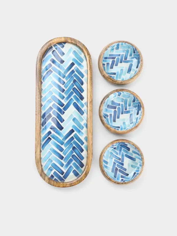 Набор розеток на подносе &laquo;Синяя мозаика&raquo;, 3 шт., 33.5&times;13&times;6.5 см, дерево манго