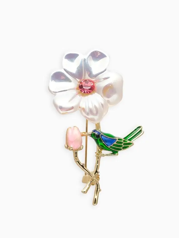 Брошь &laquo;Цветок с птичкой&raquo;, разноцветная в золоте