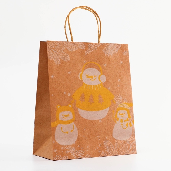 Пакет крафт с золотым тиснением, Пакет крафт с золотым тиснением, "Снеговик" круглая ручка, 33 х 25 х 12 см, 120 г