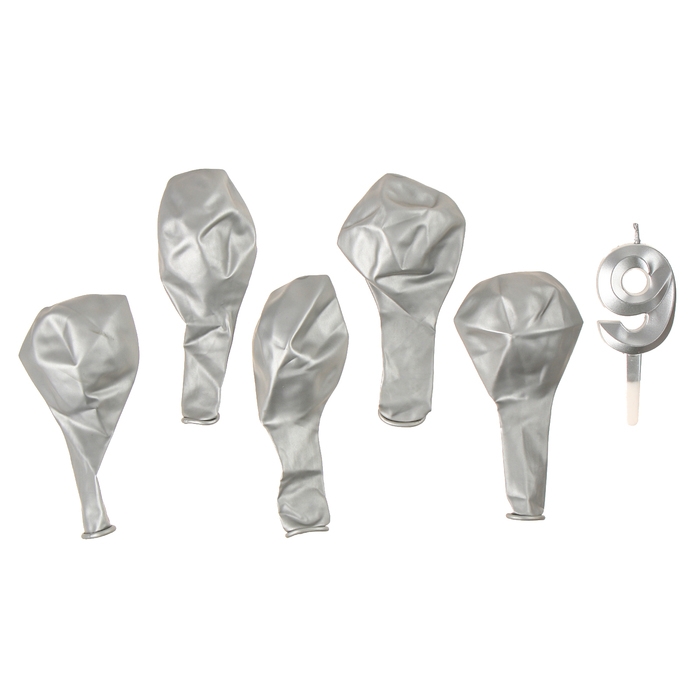 Свечи для торта + 5 шаров, цифра 9, серебро Свечи для торта + 5 шаров, цифра 9, серебро