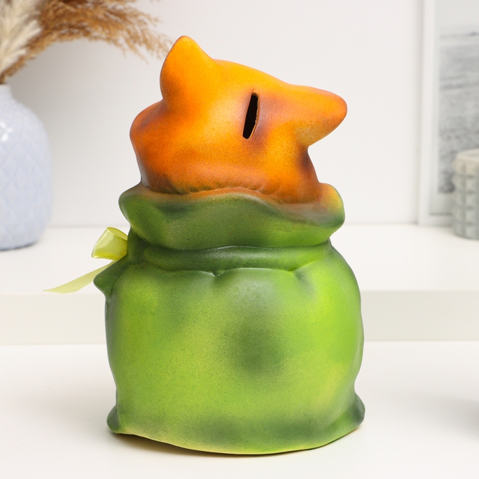 Копилка Копилка "Кот в мешке - Буду сказочно богат" рыжий с зеленым, 22см