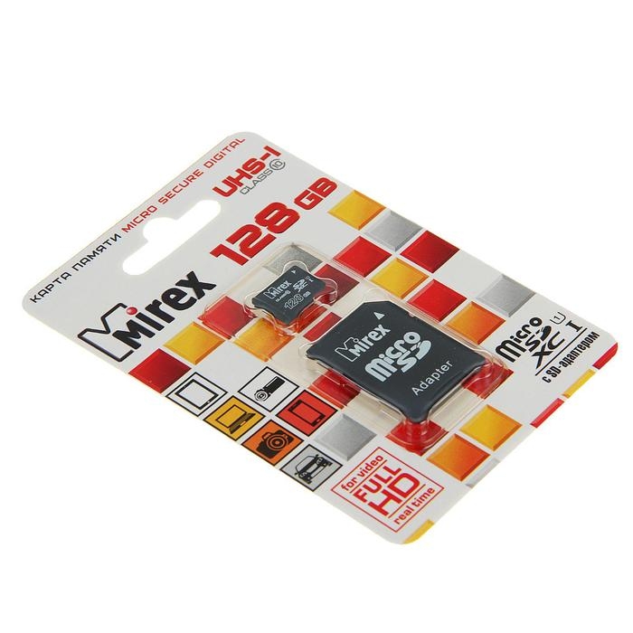 Карта памяти Mirex microSD, 128 Гб, SDXC, UHS-I, класс 10, с адаптером SD Карта памяти Mirex microSD, 128 Гб, SDXC, UHS-I, класс 10, с адаптером SD