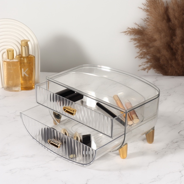 Органайзер для хранения, 2 секции, 28,5 × 18,5 × 14,5 см, цвет прозрачный/золотистый Органайзер для хранения, 2 секции, 28,5 × 18,5 × 14,5 см, цвет прозрачный/золотистый