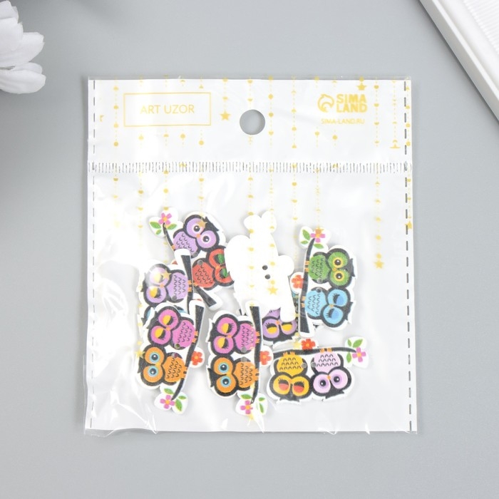 Набор пуговиц декоративных дерево "Совята на ветке" (набор 8 шт) 2х3,5 см