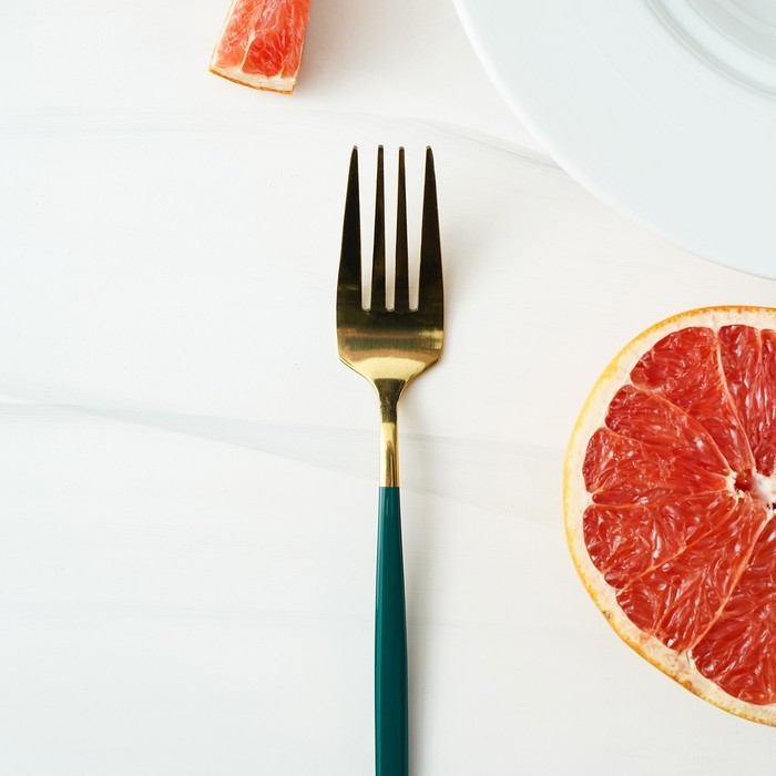 Вилка столовая из нержавеющей стали Magistro «Блинк», 21,5×3 см, зелёная ручка, цвет металла золотой Вилка столовая из нержавеющей стали Magistro «Блинк», 21,5×3 см, зелёная ручка, цвет металла золотой