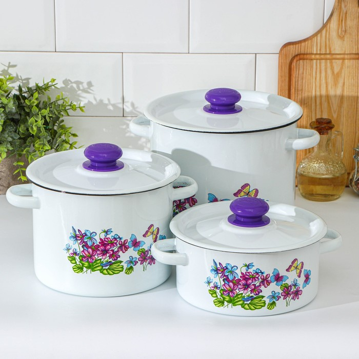 Набор кастрюль «Фиалка», 3 предмета: 2 л, 3.5 л, 5.5 л, эмалированные крышки, индукция, цвет МИКС Набор кастрюль «Фиалка», 3 предмета: 2 л, 3.5 л, 5.5 л, эмалированные крышки, индукция, цвет МИКС