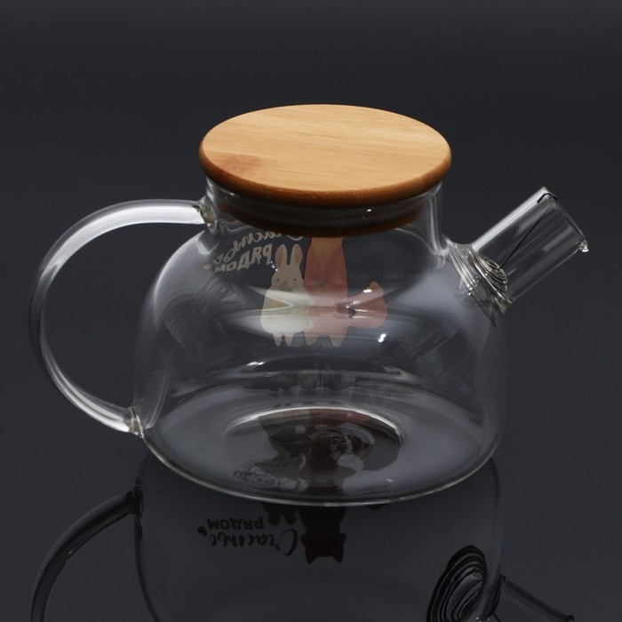 Чайник стеклянный заварочный с бамбуковой крышкой «Счастье рядом», 800 мл Чайник стеклянный заварочный с бамбуковой крышкой «Счастье рядом», 800 мл