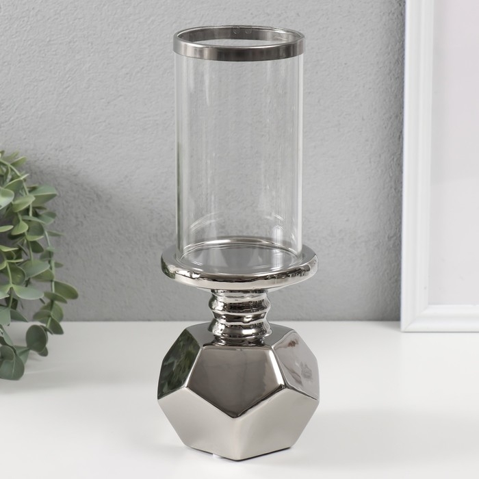 Подсвечник керамика, стекло на 1 свечу Подсвечник керамика, стекло на 1 свечу "Грани" d=7,5 см серебро 10,5х10,5х27 см
