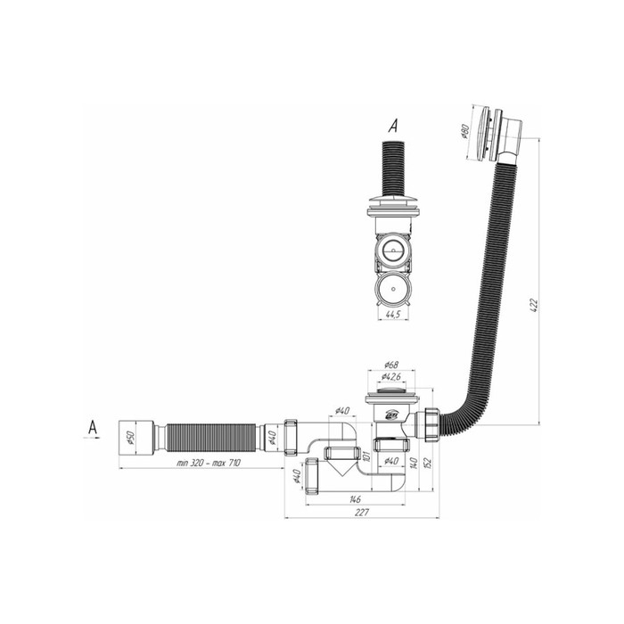 Сифон  Сифон "АНИ Пласт" EC255S, 40 х 50, для ванны, с гибкой трубой, система "клик-клак", хром