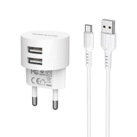 Сетевое зарядное устройство Borofone BA23A, 2xUSB, 2.4 А, кабель Type-C, 1 м, белое