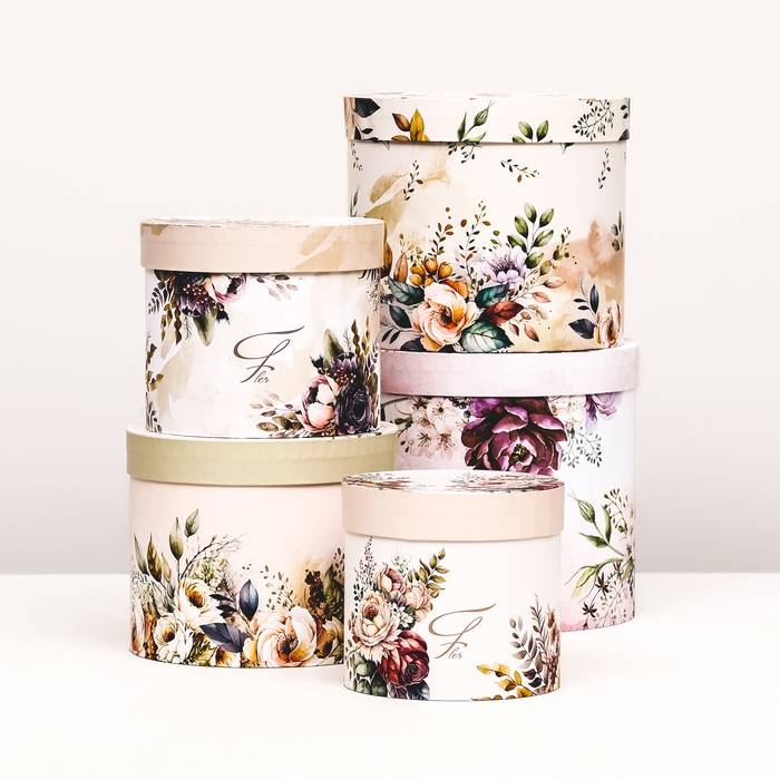 Набор шляпных коробок 5 в 1  Набор шляпных коробок 5 в 1 "Пёстрые цветы" , 22 х 19,5 , 14 х 13 см