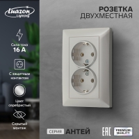 Розетка двухместная Luazon Lighting "Антей", 16 А, скрытая, с з/к, серебристая