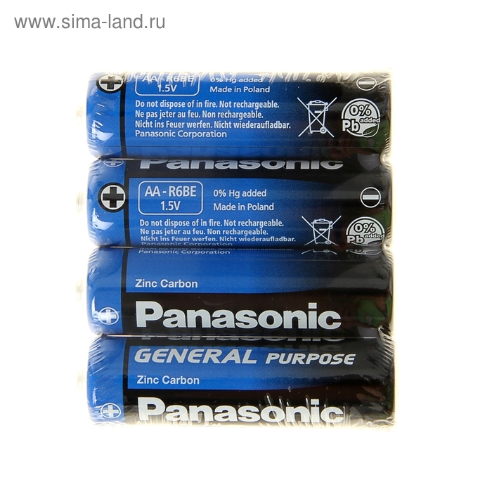 Батарейка солевая Panasonic General Purpose, AA, R6-4S, 1.5В, спайка, 4 шт.