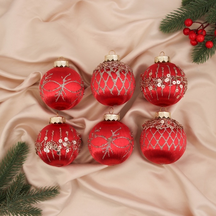 Набор шаров пластик d-8 см, 6 шт Набор шаров пластик d-8 см, 6 шт "Эйден" красный