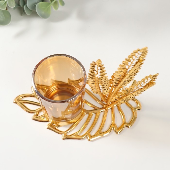 Подсвечник металл, стекло на 1 свечу Подсвечник металл, стекло на 1 свечу "Высокие листы" d=4,7 см, золото 14,8х8х15 см