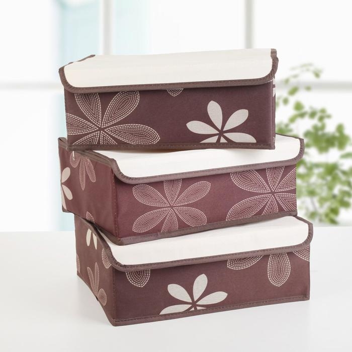 Набор органайзеров для хранения белья с крышкой «Листочки», 3 шт, 32×24×12 см, цвет коричневый Набор органайзеров для хранения белья с крышкой «Листочки», 3 шт, 32×24×12 см, цвет коричневый