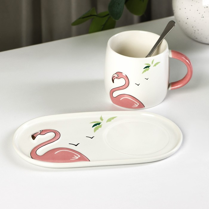 Чайная пара керамическая «Тропики», 300 мл, подставка 21×11,5, ложка Чайная пара керамическая «Тропики», 300 мл, подставка 21×11,5, ложка