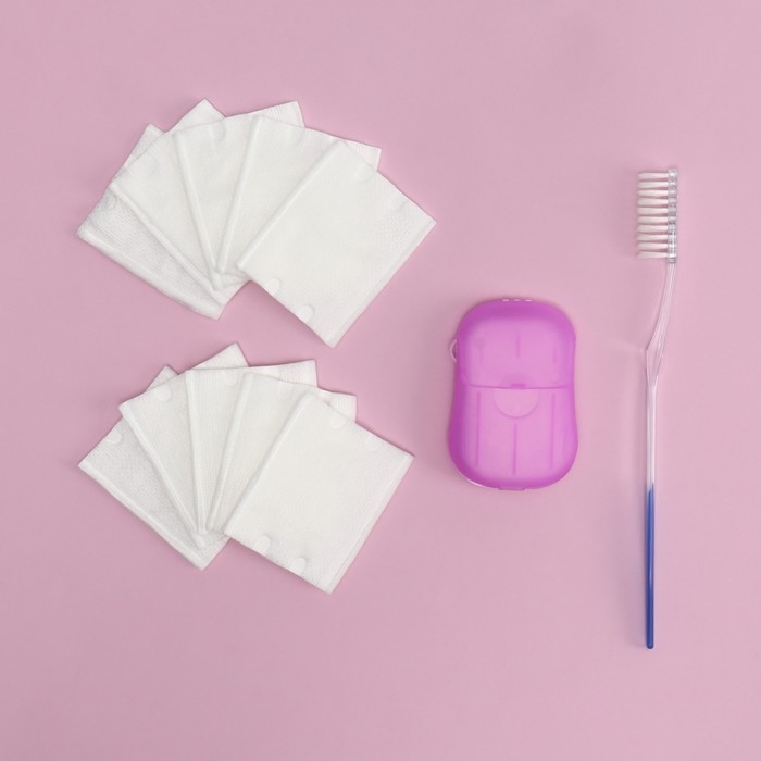 Дорожный набор, 4 предмета, шапочка, щётка, мыло 18 (± 2) листов, ватные диски 10 штук Дорожный набор, 4 предмета, шапочка, щётка, мыло 18 (± 2) листов, ватные диски 10 штук