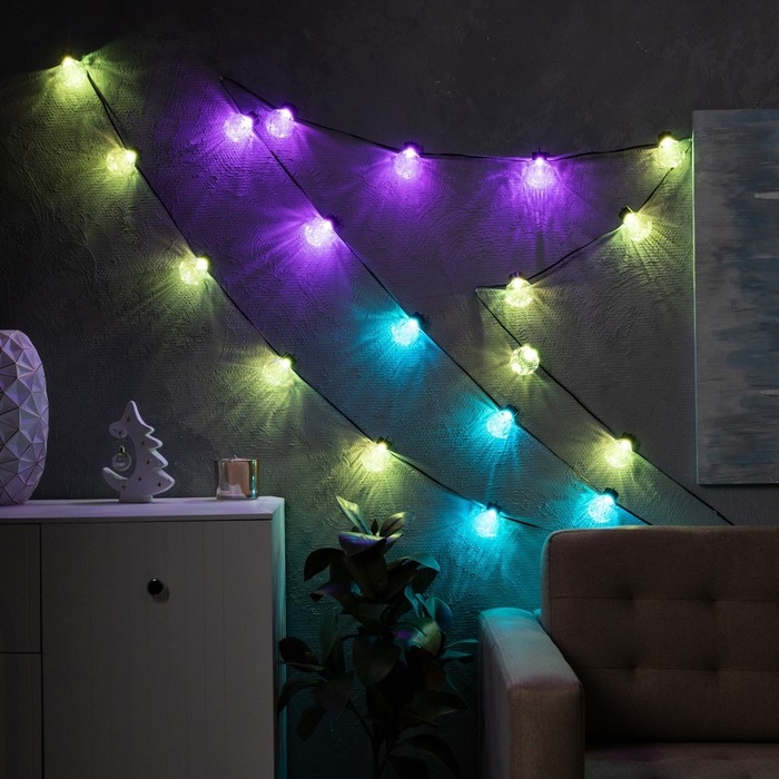 Умная гирлянда «Нить» 6 м с насадками «Рифленые шарики», IP20, тёмная нить, 20 LED, свечение RGB, USB Умная гирлянда «Нить» 6 м с насадками «Рифленые шарики», IP20, тёмная нить, 20 LED, свечение RGB, USB