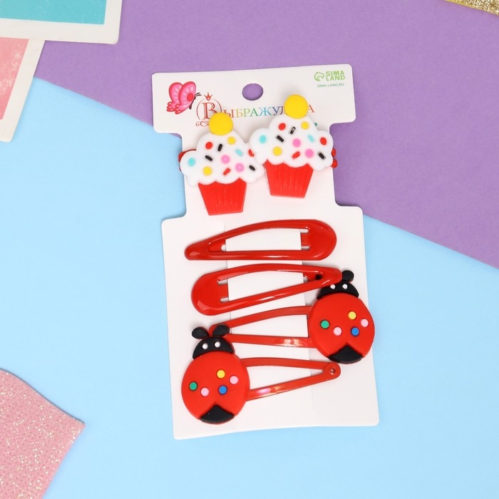 Набор для волос Набор для волос "Ширли" (2 резинки 5 см, 4 невидимки 5,5 см) пирожное, красный