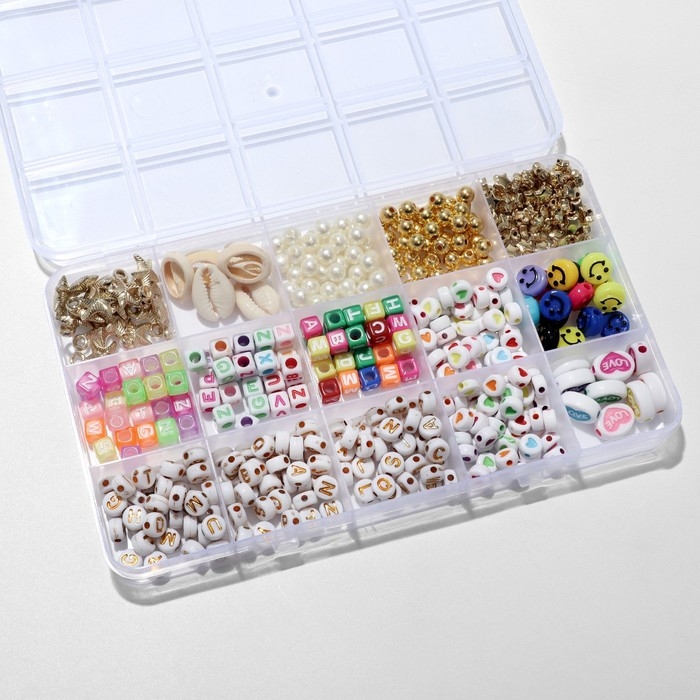 Набор для создания украшений «Ассорти», 15 видов бусин, ножницы, леска 0,8 мм