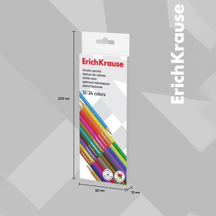 Карандаши 24 цвета 12 штук, ErichKrause, двусторонние, дерево, трехгранные, 3,0 мм грифель, картонная упаковка, европодвес Карандаши 24 цвета 12 штук, ErichKrause, двусторонние, дерево, трехгранные, 3,0 мм грифель, картонная упаковка, европодвес