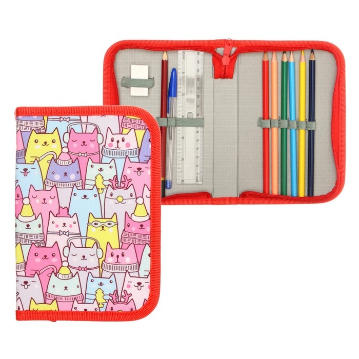 Пенал школьный Пенал школьный "Котики", 13 х 19,5 см, на молнии, 1 секция, с наполнением, ткань
